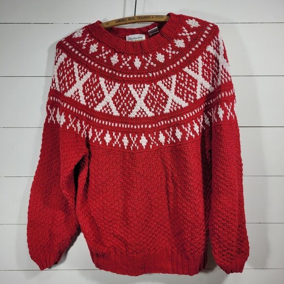 Vintage Distinction Knitted by Hand Red/White Fair Isle Sweater Women's sz L - Picture 2 of 8